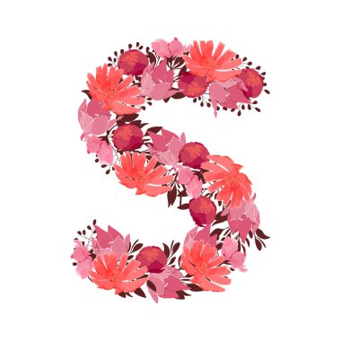 Vektör çiçek mektubu, büyük karakter S. Botanik monogram. Pembe, kestane rengi, mercan rengi çiçekler beyaz arka planda izole edilmiş kalın bir harf şeklinde. Hindiba, şakayık, dallı zambak.