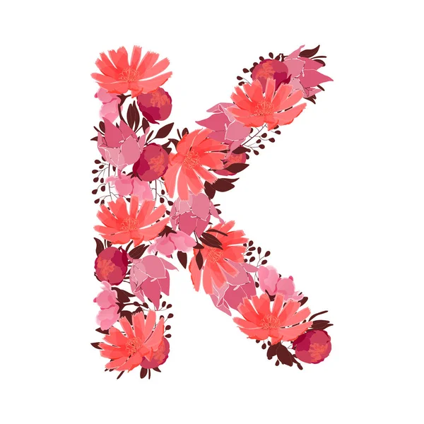 Vector Floral Letter Capital Character Botanical Monogram Pink Maroon Coral — Stockvektor