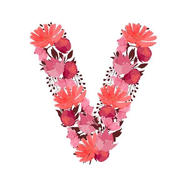 Carta Floral Vectorial Carácter Mayúscula Monograma Botánico Flores Color Rosa — Vector de stock