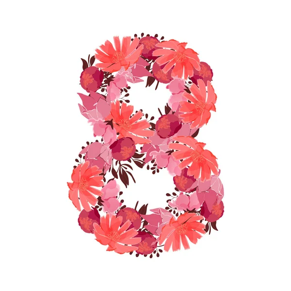 Flor Vectorial Número Personaje Botánico Figura Rosa Granate Flores Color — Archivo Imágenes Vectoriales