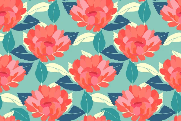 Vecteur Floral Sans Soudure Style Rétro Fleurs Rouges Jardin Feuilles — Image vectorielle