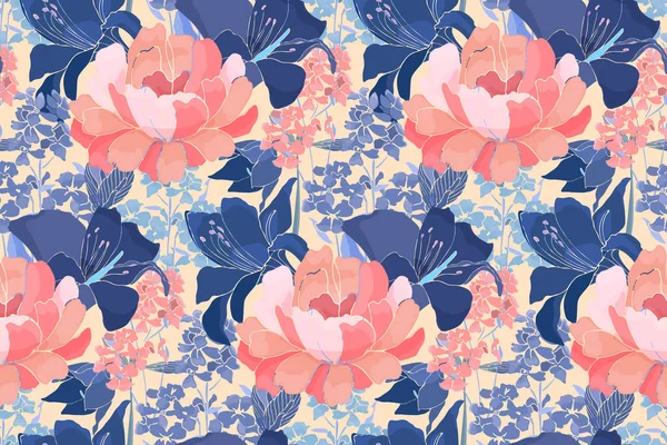 Vector Bloemen Naadloos Patroon Roze Pioen Blauwe Lelie Bloemen Knoppen — Stockvector