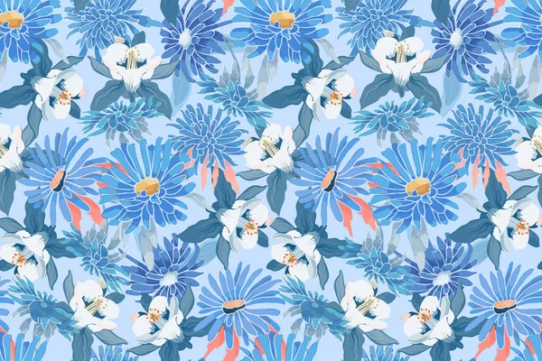 Art Vecteur Floral Motif Sans Couture Asters Bleus Chrysanthèmes Columbine — Image vectorielle