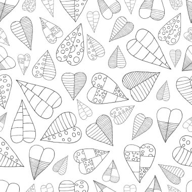 Kalplerin hoş, pürüzsüz deseni. Düğün ve çocuk tasarımı, logo ve tebrik kartı, kumaş, tekstil, kapak, ambalaj kağıdı için elle çizilmiş vektör çizimi.
