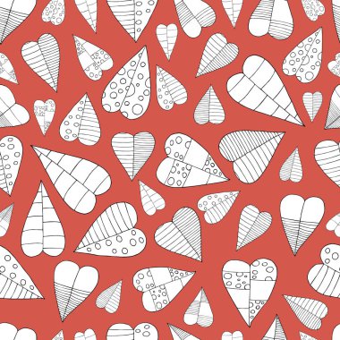 Kalplerin hoş, pürüzsüz deseni. Düğün ve çocuk tasarımı, logo ve tebrik kartı, kumaş, tekstil, kapak, ambalaj kağıdı için elle çizilmiş vektör çizimi.