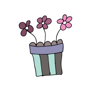 Tencerede sevimli tek bir çiçek. Giysi, poster, tekstil, kumaş, tebrik kartı, kapak ve dekupaj için elle çizilmiş vektör çizimi. İskandinav tarzı.