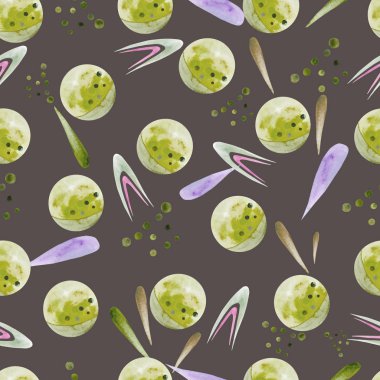 Kusursuz suluboya deseni. Uzay nesnelerinin suluboya çizimi. - Evet. Resim elle çizilir. Tebrik kartları, kapaklar, kumaşlar, duvar kağıtları, arka plan, tekstil, giysi tasarla. Çocukların şirin tasarımı.