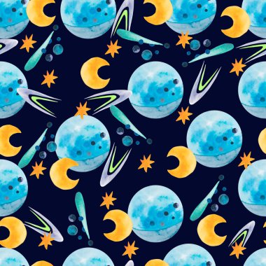 Kusursuz suluboya deseni. Uzay nesnelerinin suluboya çizimi. - Evet. Resim elle çizilir. Tebrik kartları, kapaklar, kumaşlar, duvar kağıtları, arka plan, tekstil, giysi tasarla. Çocukların şirin tasarımı.