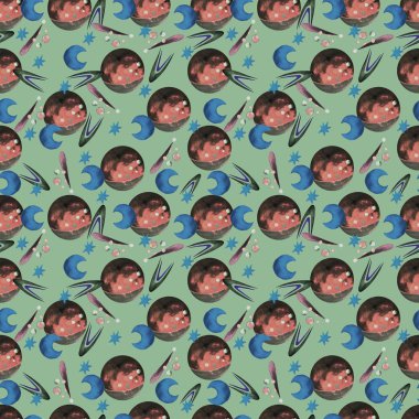 Kusursuz suluboya deseni. Uzay nesnelerinin suluboya çizimi. - Evet. Resim elle çizilir. Tebrik kartları, kapaklar, kumaşlar, duvar kağıtları, arka plan, tekstil, giysi tasarla. Çocukların şirin tasarımı.