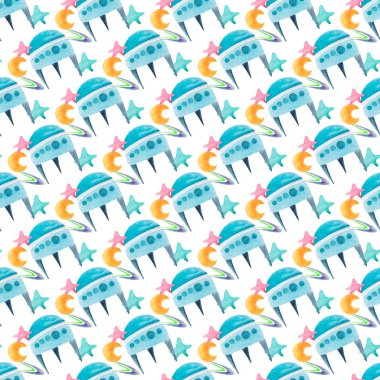 Kusursuz suluboya deseni. Uzay nesnelerinin suluboya çizimi. Resim elle çizilir. Tebrik kartları, kapaklar, kumaşlar, duvar kağıtları, arka plan, tekstil, giysi tasarla. Çocukların şirin tasarımı.