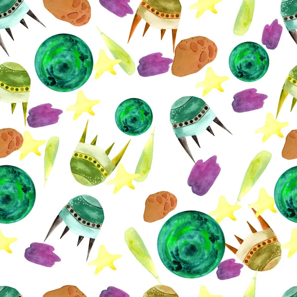 Seamless Watercolor Pattern Watercolor Illustration Space Objects Picture Drawn Hand — 스톡 사진