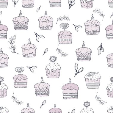 Kusursuz kek ve dal deseni. Elle bir vektör çiziyorum. Paskalya kartları, posterler, giysiler için uygun.