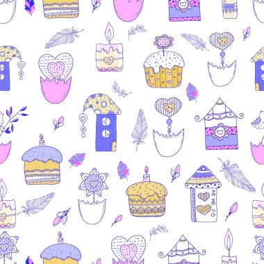 Tatlı, pürüzsüz pasta deseni, evler, tavşanlar, dallar. Elle bir vektör çiziyorum. Paskalya kartları, posterler, giysiler için uygun..