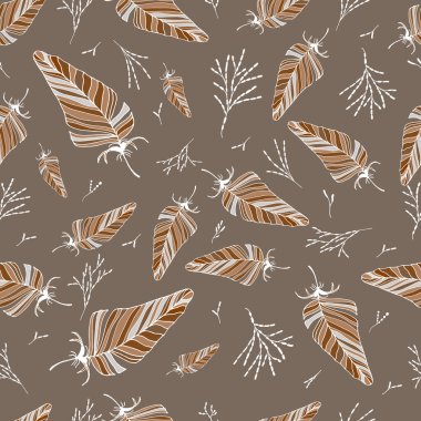 Kusursuz tüy deseni. Vektör elle çiziyor. Kapak tasarımı, kumaş, eşyalar, kartpostallar, dekupaj için.