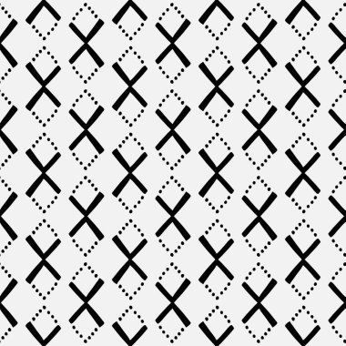 Üçgen ve noktalardan oluşan basit bir siyah ve beyaz desen. El çizimi. İskandinav tarzı, duvar kağıdı, kumaş, tekstil tasarımı.