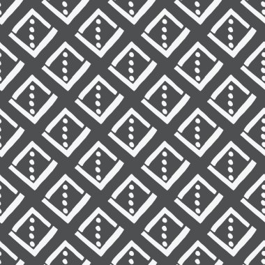 Üçgen ve noktalardan oluşan basit bir siyah ve beyaz desen. El çizimi. İskandinav tarzı, duvar kağıdı, kumaş, tekstil tasarımı.