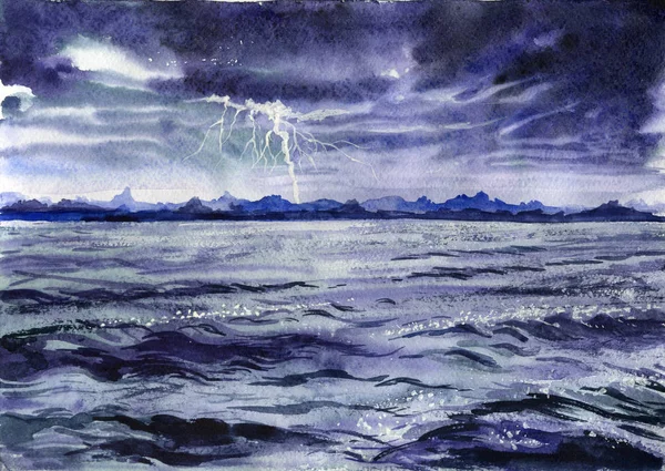 Akvarell målning landskapet av storm på havet — Stockfoto