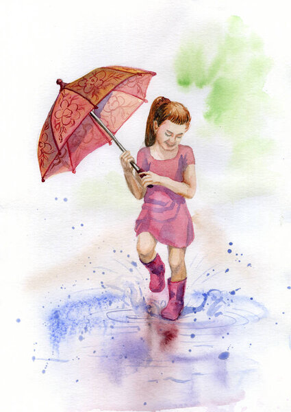 Watercolor picture of the girl walking on the puddle (spring fun)