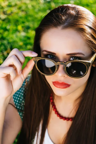 Woman in glasses,girl with sunglasses,copyspace — Stock Photo, Image