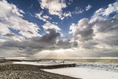 Gün batımında deniz paradise peyzaj, ışınları onların yol yapmak Bulutların arasından, martılar