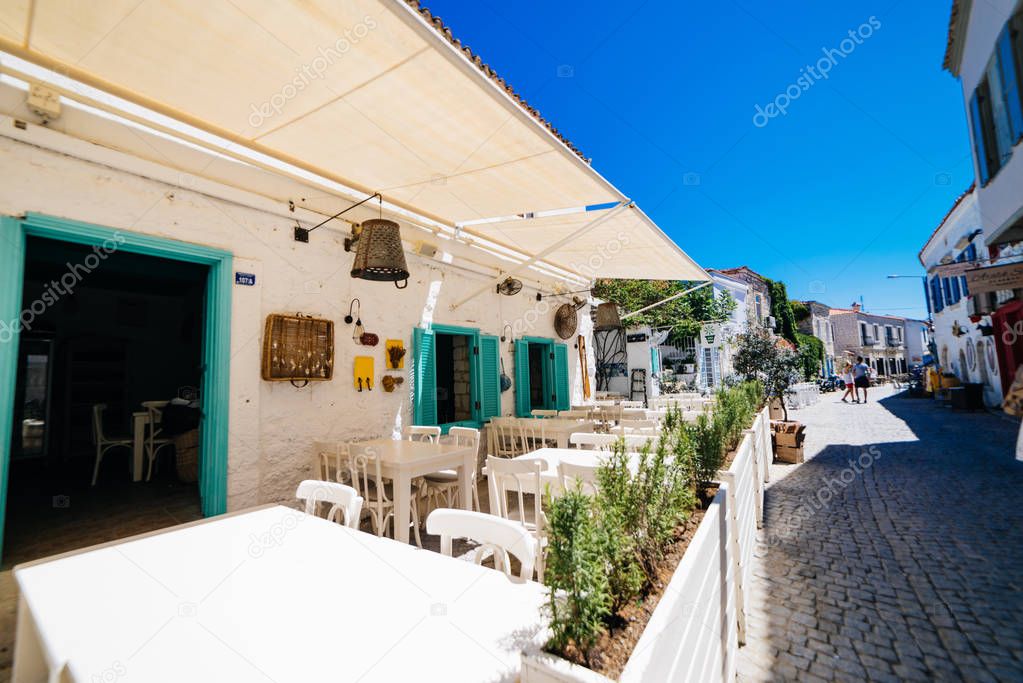 Old city streets in Alacati, Cesme and beautiful blue sky