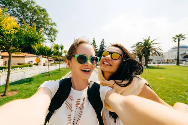 Dos niñas felices intercambian estudiantes de diferentes nacionalidades hacen selfie en el fondo de las atracciones — Foto de Stock