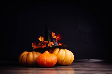 halloween Tema bir cadı şapka ile dekore edilmiş bir kaç kabaklar