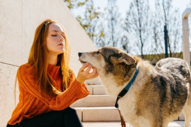 köpeği ile merdivenlerde oturan bir turuncu kazaklı kız
