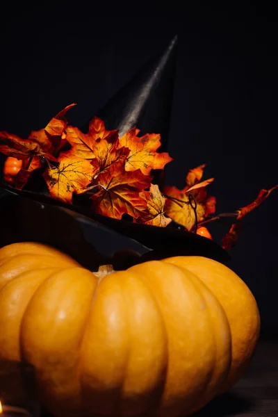 Velká dýně, zařízené ve stylu halloween na černém pozadí — Stock fotografie