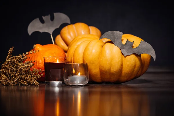 Flera pumpor i olika storlekar prydd med halloween-tema — Stockfoto