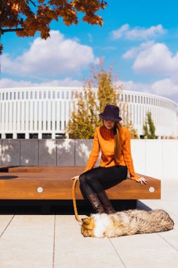 siyah bir şapka, bir portakal sıcak kazak ve bot Park ve onun yanındaki bir bankta oturan bir kız köpeğini yatıyor. Güneşli hava, güzel manzara, mavi gökyüzü