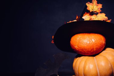 sonbahar tatil, bir büyük kabak, altın yapraklarda siyah cadı şapkası. Cadılar Bayramı, büyüleyici bir resim