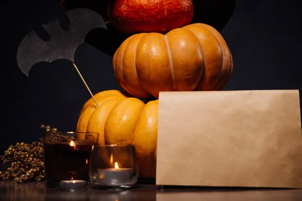 Halloween pompoen hoofd hefboom lantaarn op zwarte achtergrond. Vleermuis, grote pompoenen, Halloween party — Stockfoto