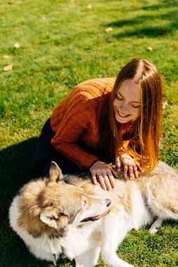 güzel kız köpeğini bir yeşil çim üzerinde. Onu köpek ile dolaşmak güzel kız. Sonbahar hava, altın sonbahar, güneşli bir gün.
