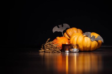 Cadılar Bayramı Balkabağı kafa jack fener siyah arka plan üzerine. Yarasa, büyük kabak, Cadılar Bayramı partisi