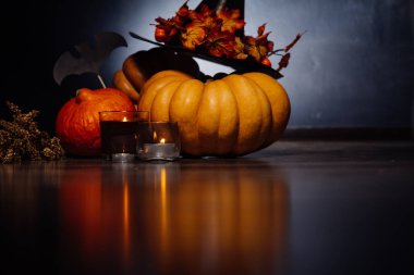 Cadılar Bayramı Balkabağı kafa, sonbahar yaprakları, korkunç şapka siyah bir arka plan, Cadılar Bayramı partisi