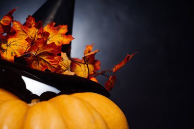 büyük Cadılar Bayramı Balkabağı, balkabağı üzerinde cadı şapka düşen sonbahar yaprakları ile yatıyor. Cadılar Bayramı arka plan, Cadılar Bayramı style, parti