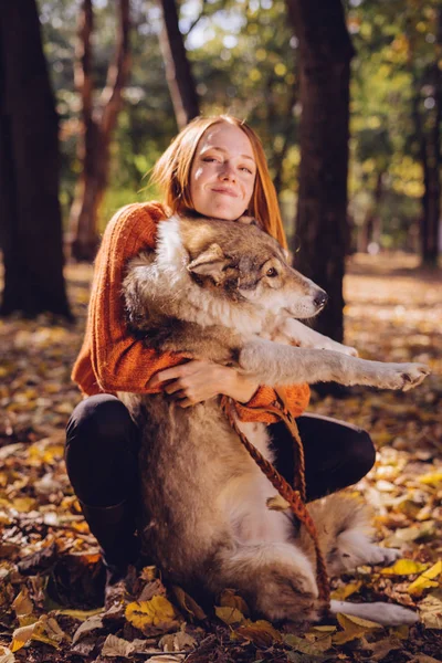 Sevimli bir kız köpeğini hugs ve doğrudan fotoğraf makinesine benziyor. Düşen yapraklar, sıcak bir sonbahar günü.
