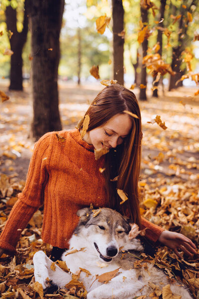 the lovely girl lies on fallen autumn leaves with her dog. Warm weather, autumn day, falling leaves
