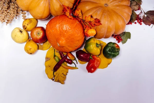 Sarı ve kırmızı meyve ve sebze beyaz masaya yalan: kabak, elma, armut ve biber