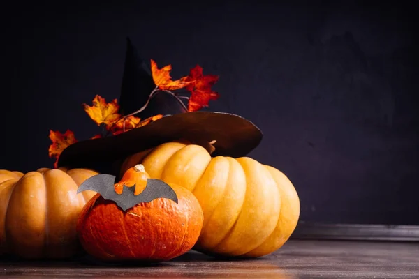 Samenstelling aan halloween, liggen gele en oranje pompoenen, witch's zwarte hoed en gele maple laat — Stockfoto