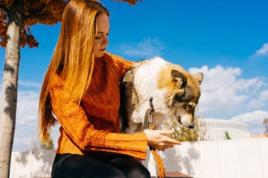 Büyük gri Köpeğiyle yürüyen güzel kızıl saçlı kız