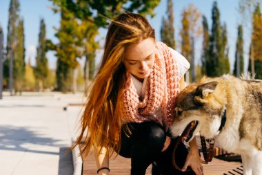 güzel kızıl saçlı kız büyük gri Köpeğiyle yürüyen bir pembe eşarp ile