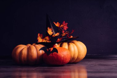 bir ev dekorasyon için halloween, sarı ve turuncu kabak, Kara Cadı şapkası için bir kompozisyon akçaağaç yaprakları ile dekore edilmiştir.
