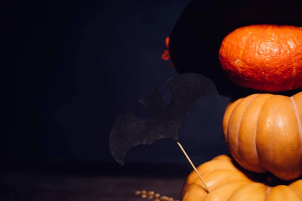 Sammansättning för att dekorera huset för halloween, gult och orange pumpor, teckningar av svarta fladdermöss — Stockfoto