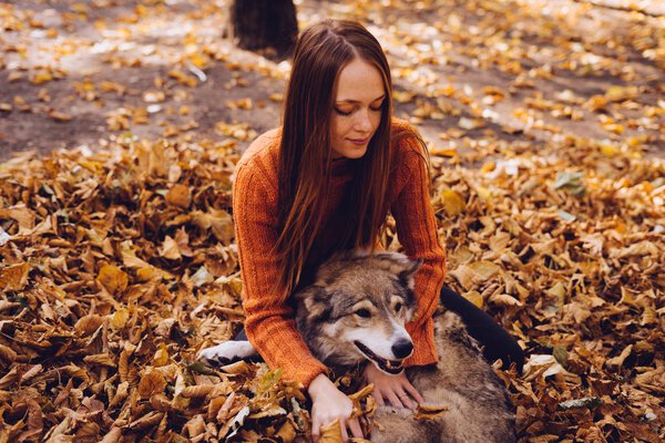 young red-haired girl is playing with her big dog in a pile of autumn-fallen leaves