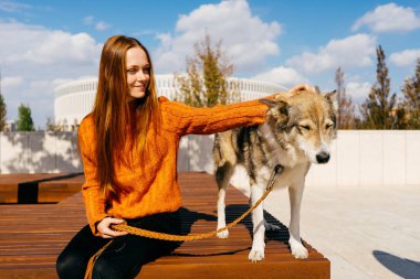 gülümseyerek, onun köpeği ile ahşap bir bankta oturan genç Kızıl saçlı kız