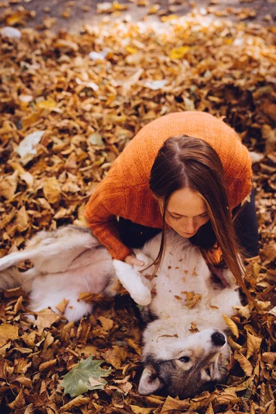 Ung rödhårig tjej leker med sin stora hund i en hög med fallna höstlöv — Stockfoto