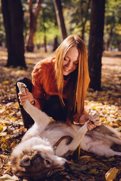 En ung rödhårig flicka sitter i en fallna falla lövverk tillsammans med sin hund — Stockfoto