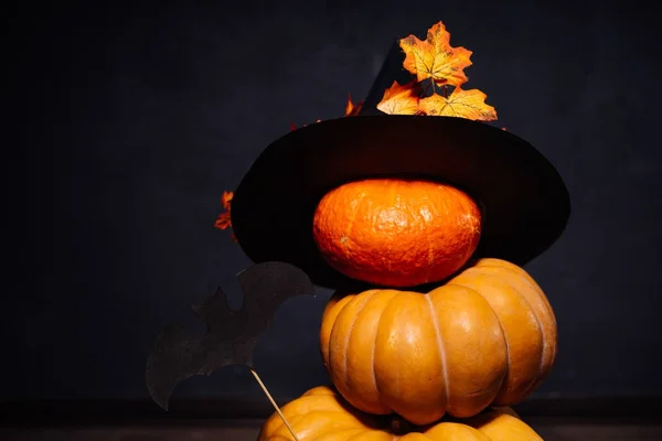 Skladba pro dekoraci domu v halloween, oranžové a žluté dýně, čarodějnice černý klobouk, žluté podzimní listí — Stock fotografie